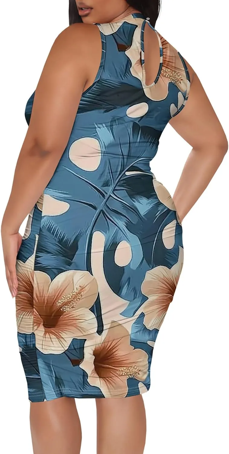 Women Sexy Bodycon Midi Dress Sleeveless High Neck Sundress Summer Floral Knee Length Dresses Wedding Guests Outfits