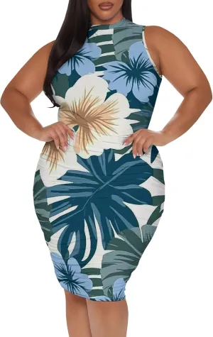 Women Sexy Bodycon Midi Dress Sleeveless High Neck Sundress Summer Floral Knee Length Dresses Wedding Guests Outfits
