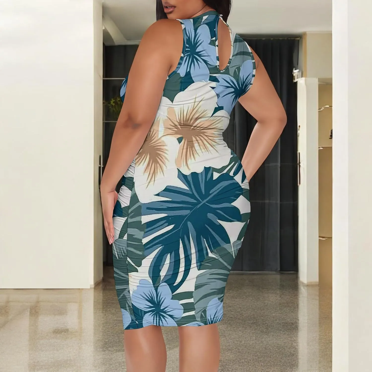 Women Sexy Bodycon Midi Dress Sleeveless High Neck Sundress Summer Floral Knee Length Dresses Wedding Guests Outfits