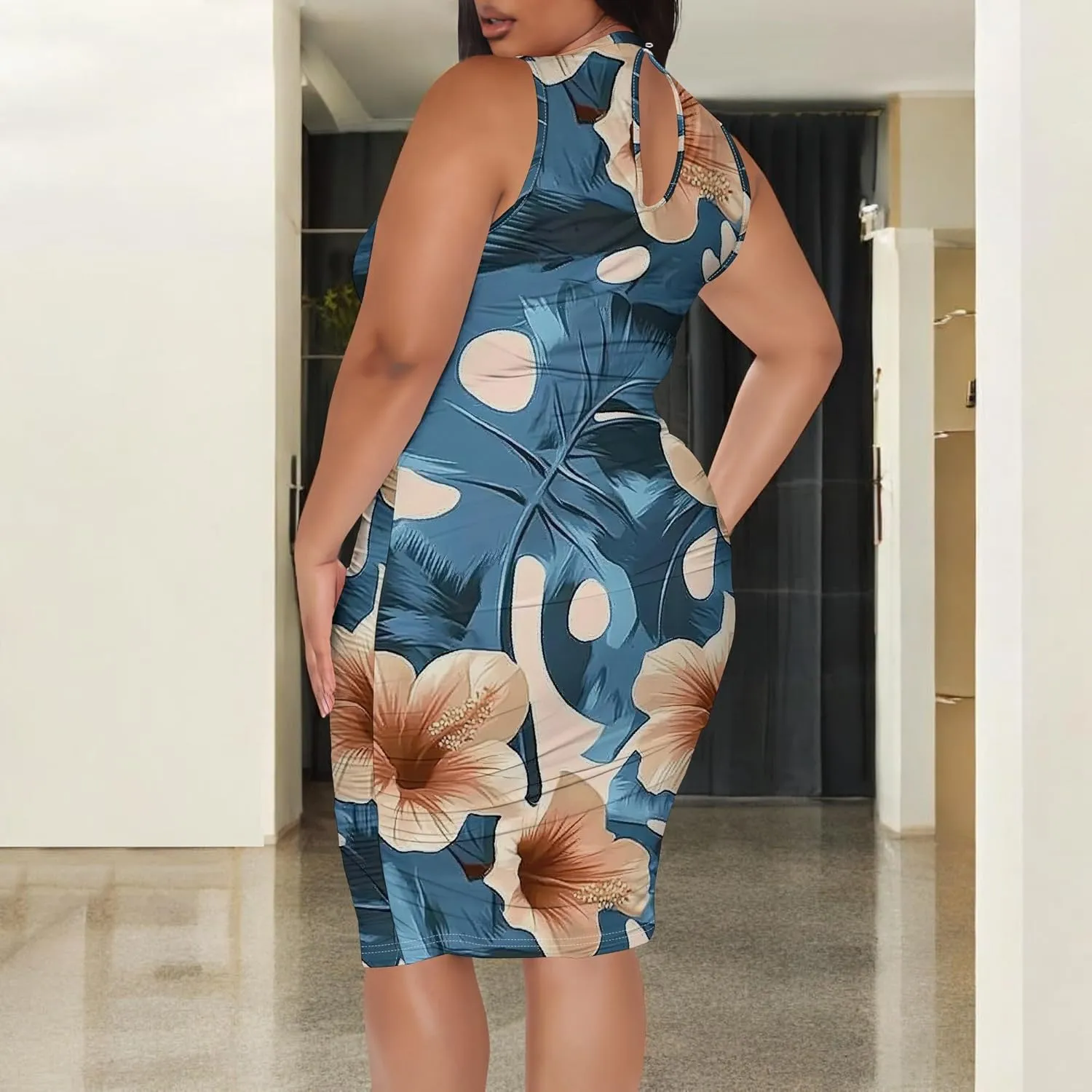 Women Sexy Bodycon Midi Dress Sleeveless High Neck Sundress Summer Floral Knee Length Dresses Wedding Guests Outfits