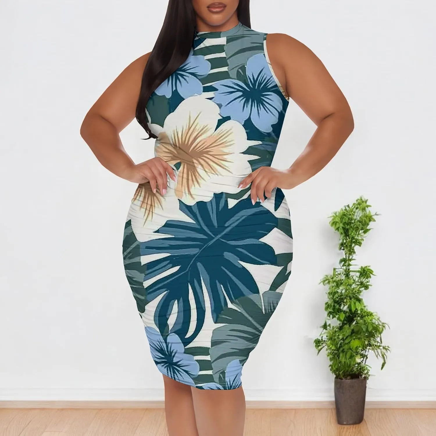 Women Sexy Bodycon Midi Dress Sleeveless High Neck Sundress Summer Floral Knee Length Dresses Wedding Guests Outfits