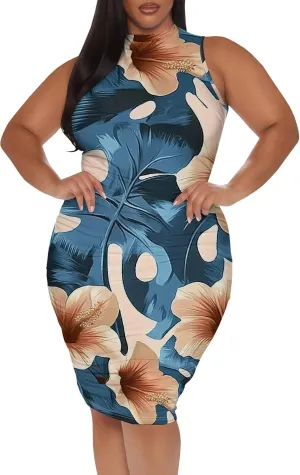 Women Sexy Bodycon Midi Dress Sleeveless High Neck Sundress Summer Floral Knee Length Dresses Wedding Guests Outfits