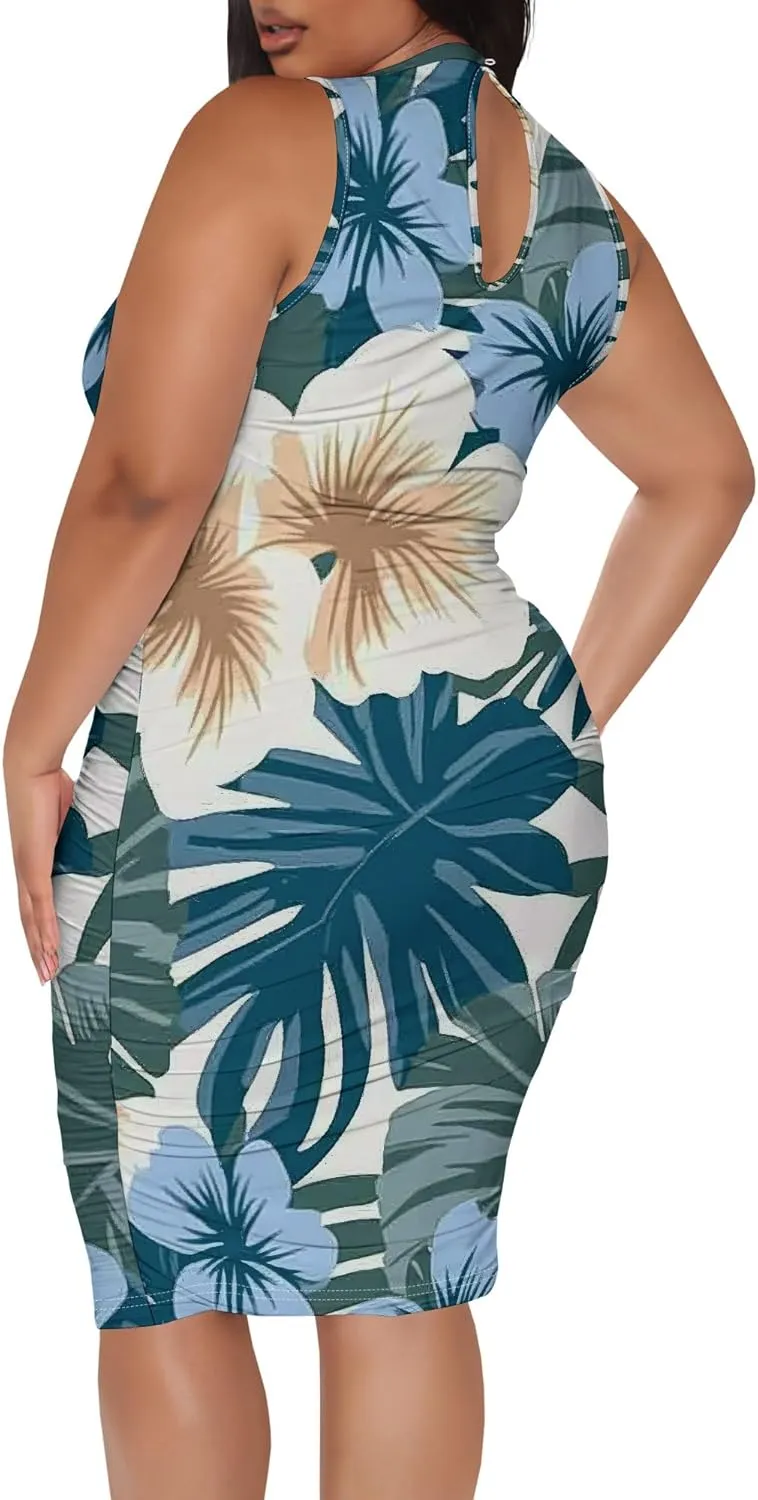Women Sexy Bodycon Midi Dress Sleeveless High Neck Sundress Summer Floral Knee Length Dresses Wedding Guests Outfits
