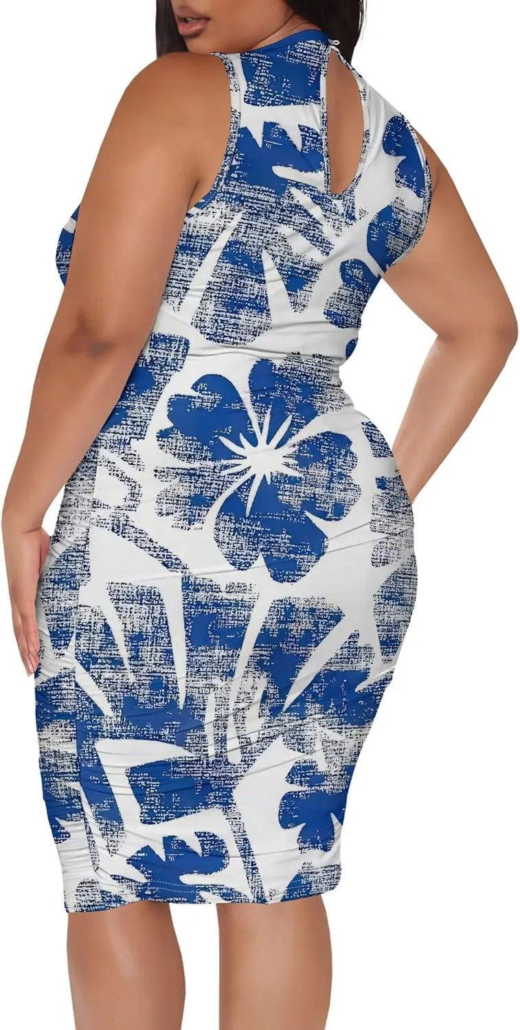 Women Sexy Bodycon Midi Dress Sleeveless High Neck Sundress Summer Floral Knee Length Dresses Wedding Guests Outfits