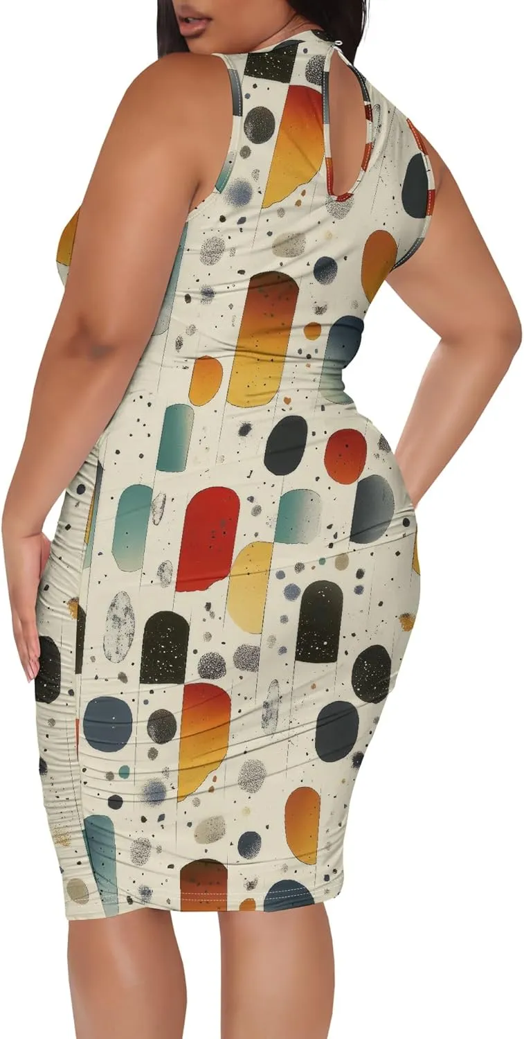 Women Sexy Bodycon Midi Dress Sleeveless High Neck Sundress Summer Floral Knee Length Dresses Wedding Guests Outfits