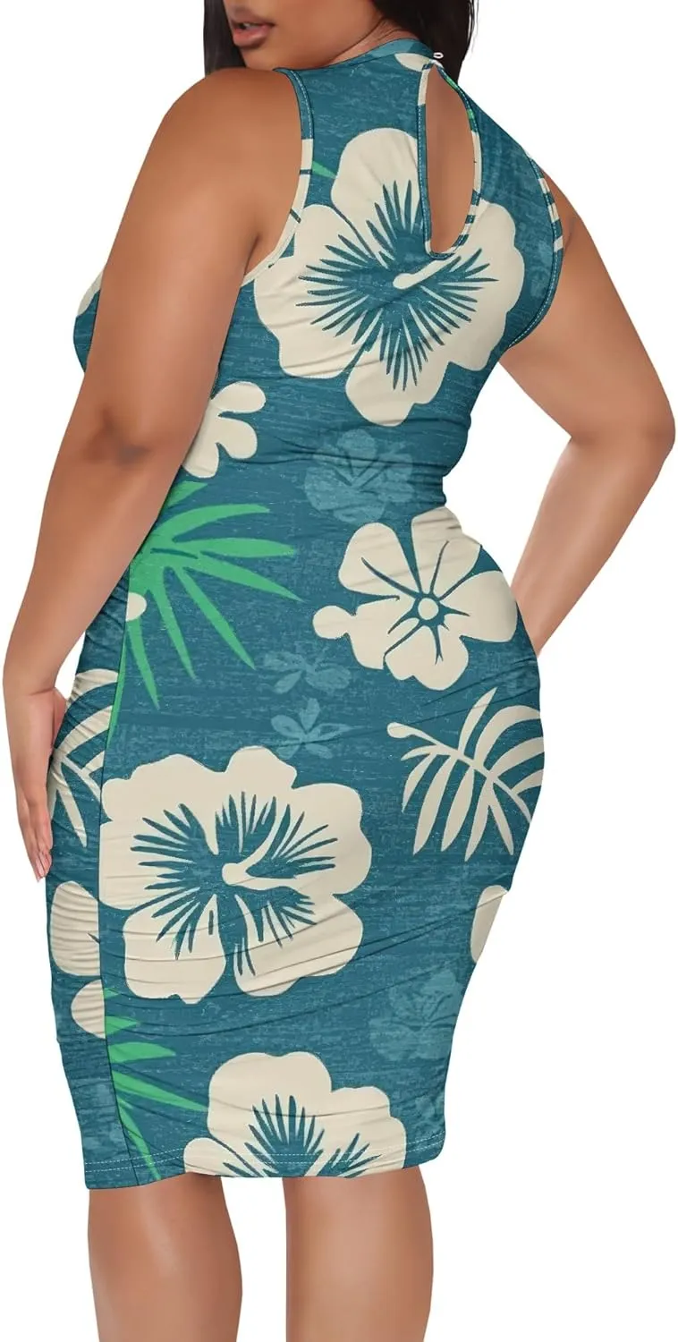 Women Sexy Bodycon Midi Dress Sleeveless High Neck Sundress Summer Floral Knee Length Dresses Wedding Guests Outfits