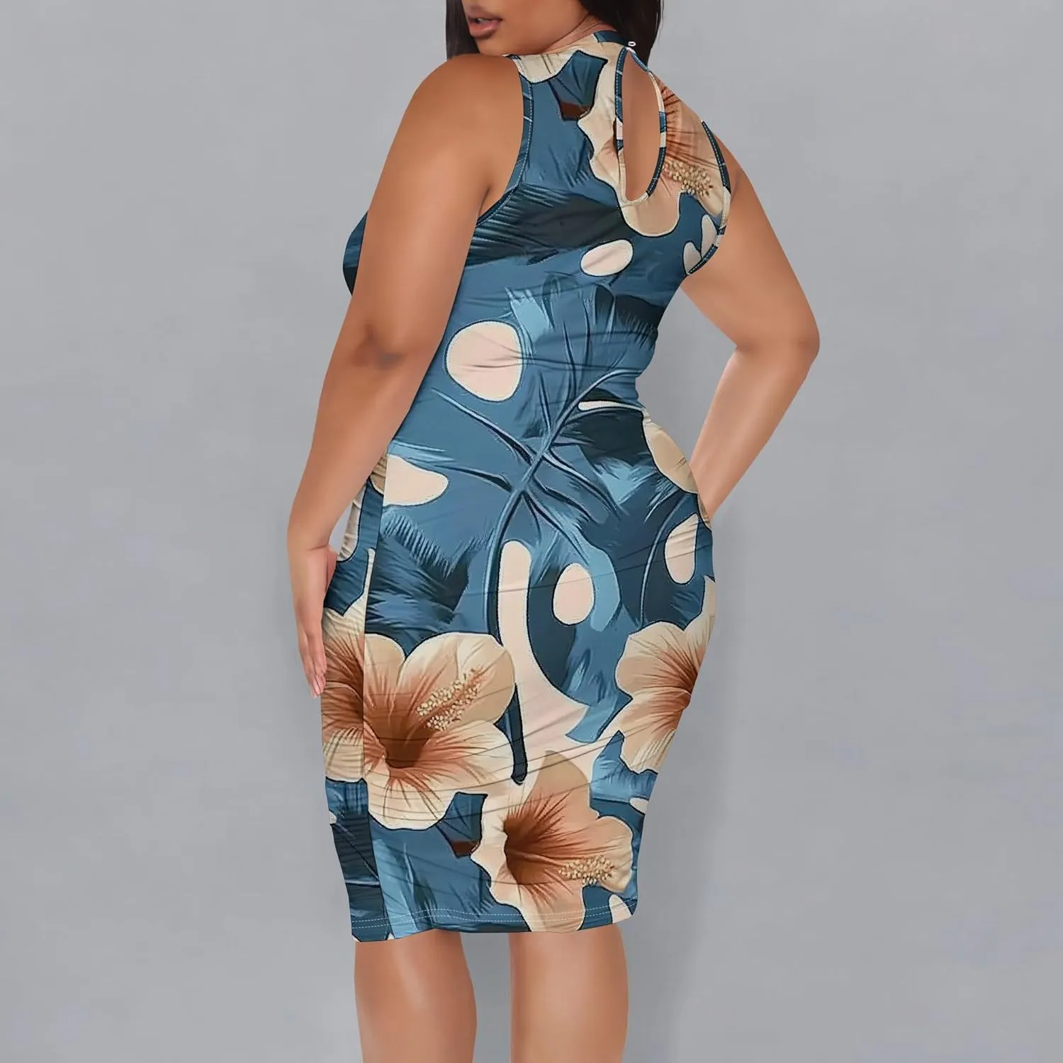 Women Sexy Bodycon Midi Dress Sleeveless High Neck Sundress Summer Floral Knee Length Dresses Wedding Guests Outfits