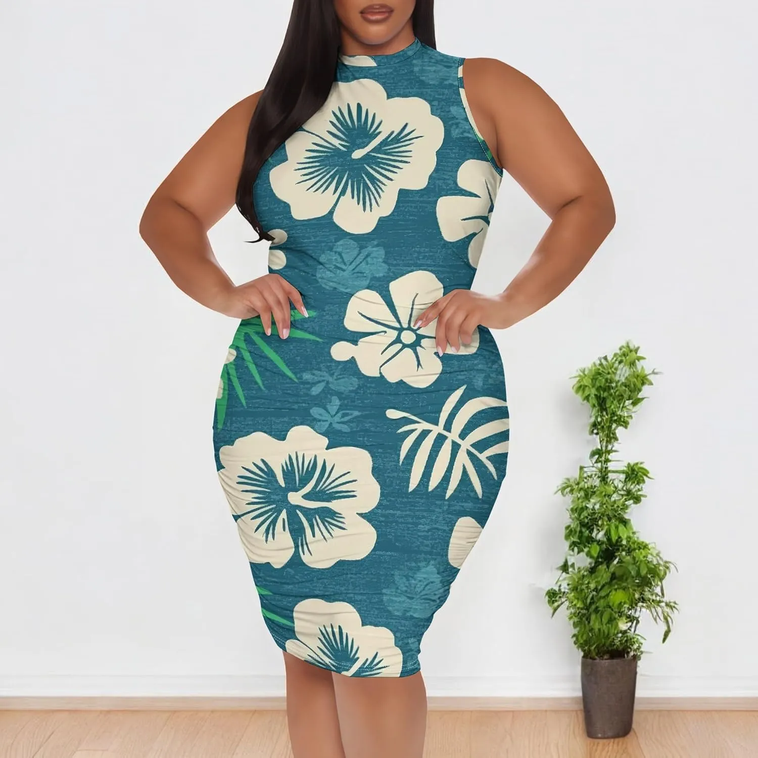 Women Sexy Bodycon Midi Dress Sleeveless High Neck Sundress Summer Floral Knee Length Dresses Wedding Guests Outfits