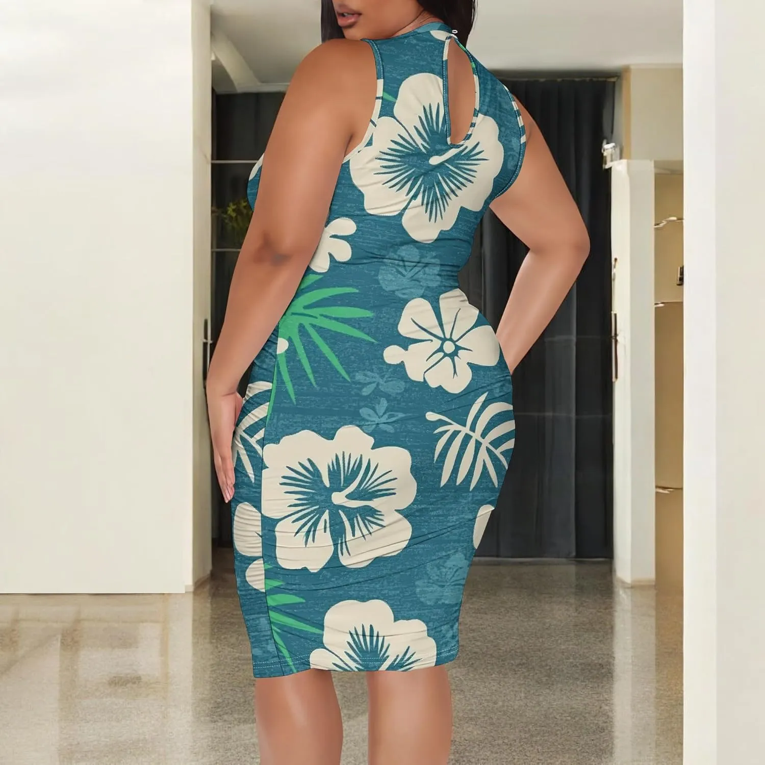 Women Sexy Bodycon Midi Dress Sleeveless High Neck Sundress Summer Floral Knee Length Dresses Wedding Guests Outfits