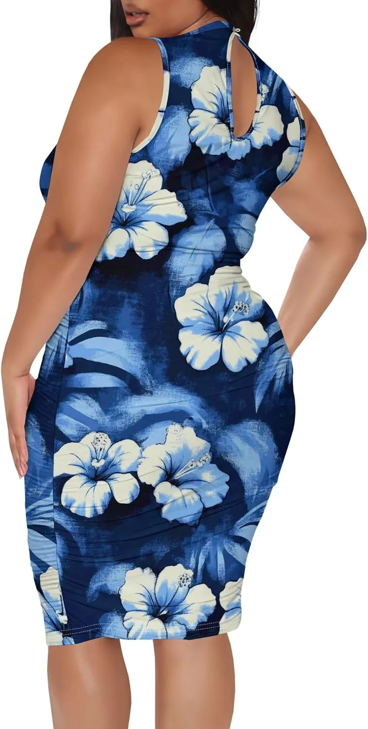 Women Sexy Bodycon Midi Dress Sleeveless High Neck Sundress Summer Floral Knee Length Dresses Wedding Guests Outfits