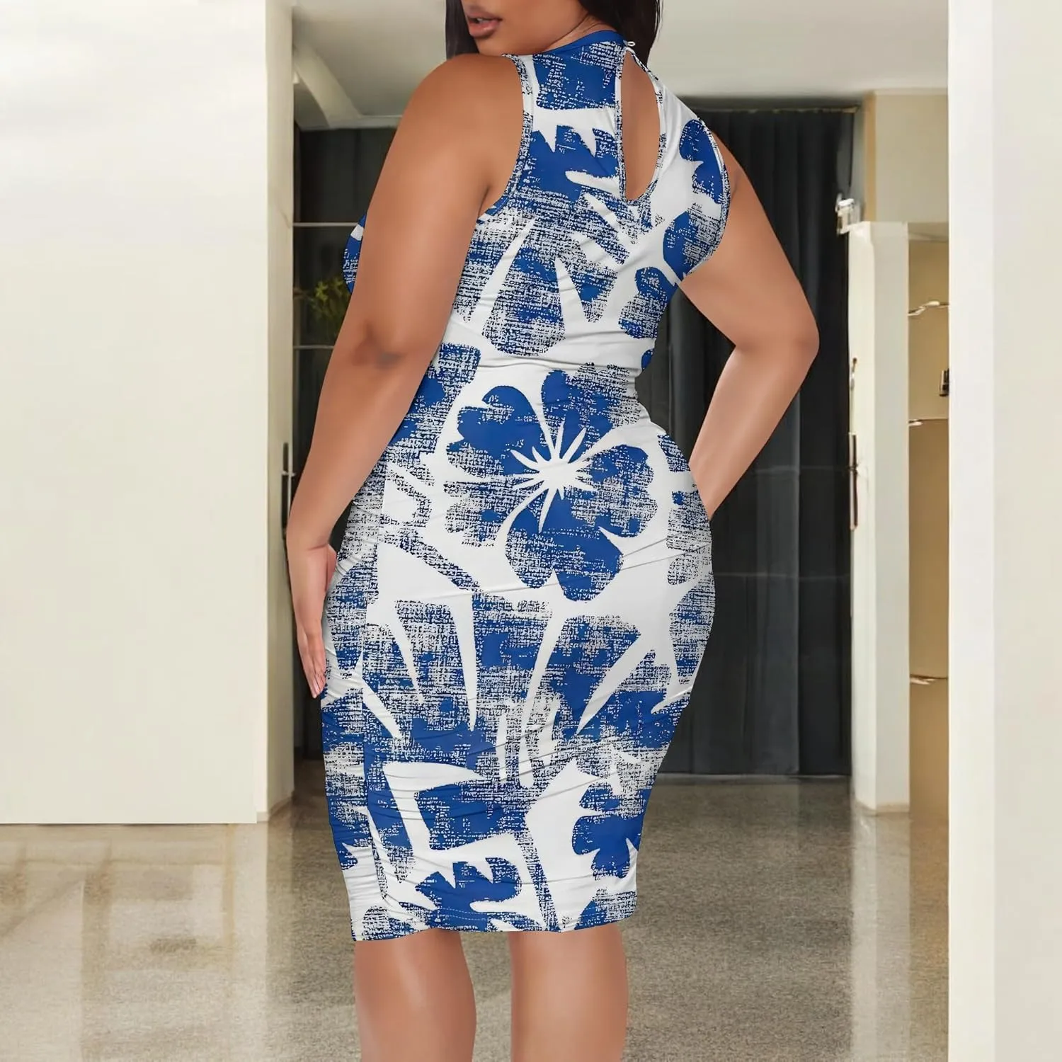 Women Sexy Bodycon Midi Dress Sleeveless High Neck Sundress Summer Floral Knee Length Dresses Wedding Guests Outfits