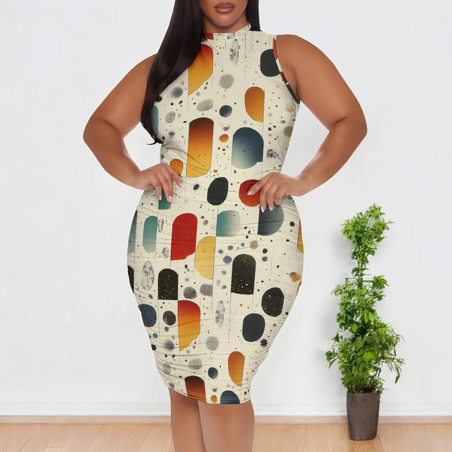 Women Sexy Bodycon Midi Dress Sleeveless High Neck Sundress Summer Floral Knee Length Dresses Wedding Guests Outfits