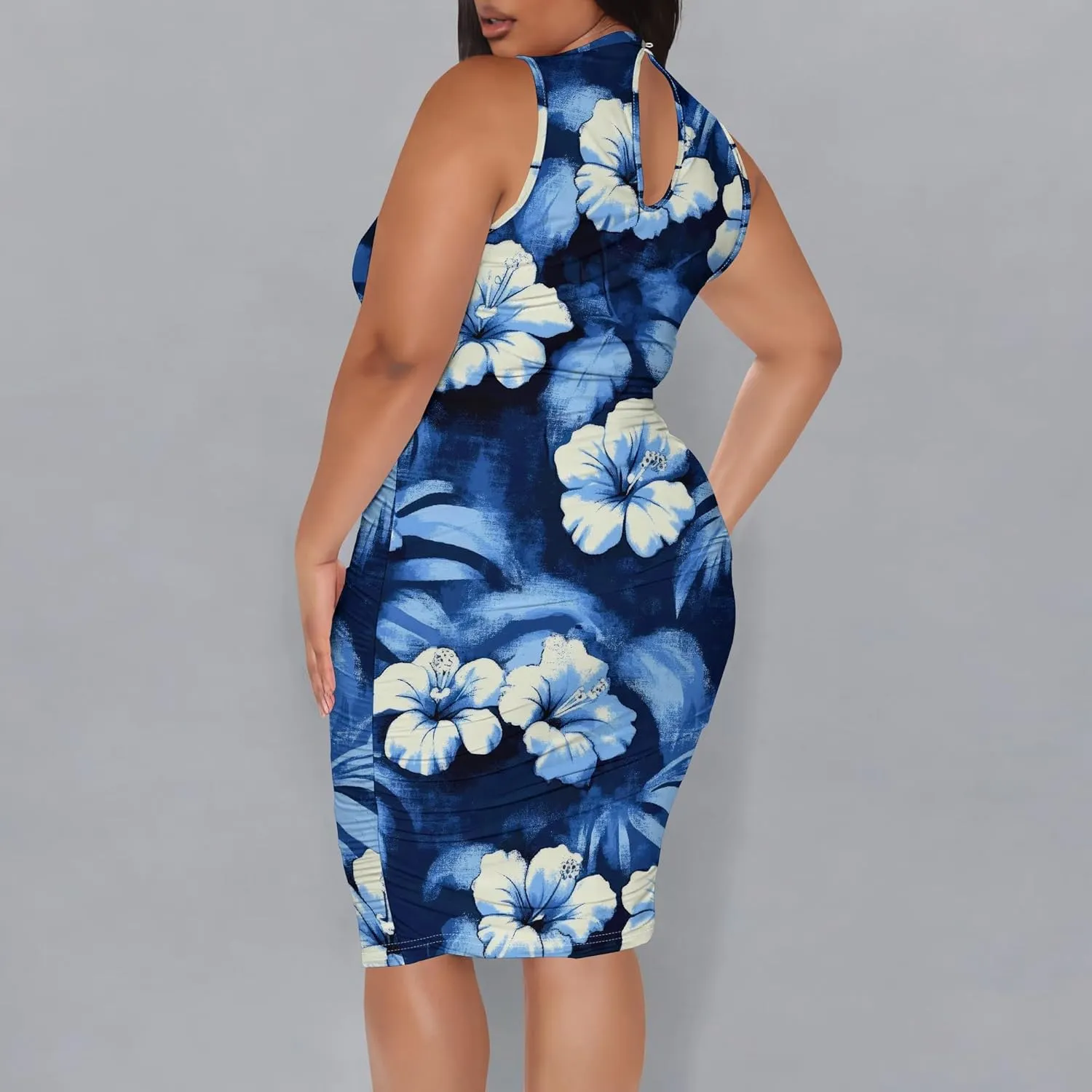 Women Sexy Bodycon Midi Dress Sleeveless High Neck Sundress Summer Floral Knee Length Dresses Wedding Guests Outfits