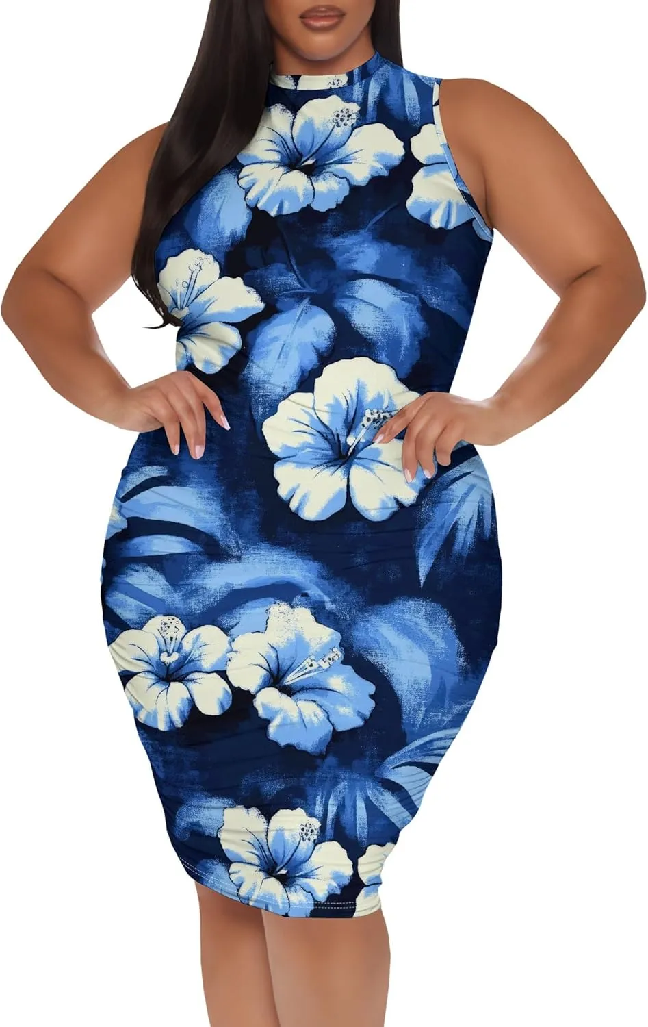 Women Sexy Bodycon Midi Dress Sleeveless High Neck Sundress Summer Floral Knee Length Dresses Wedding Guests Outfits