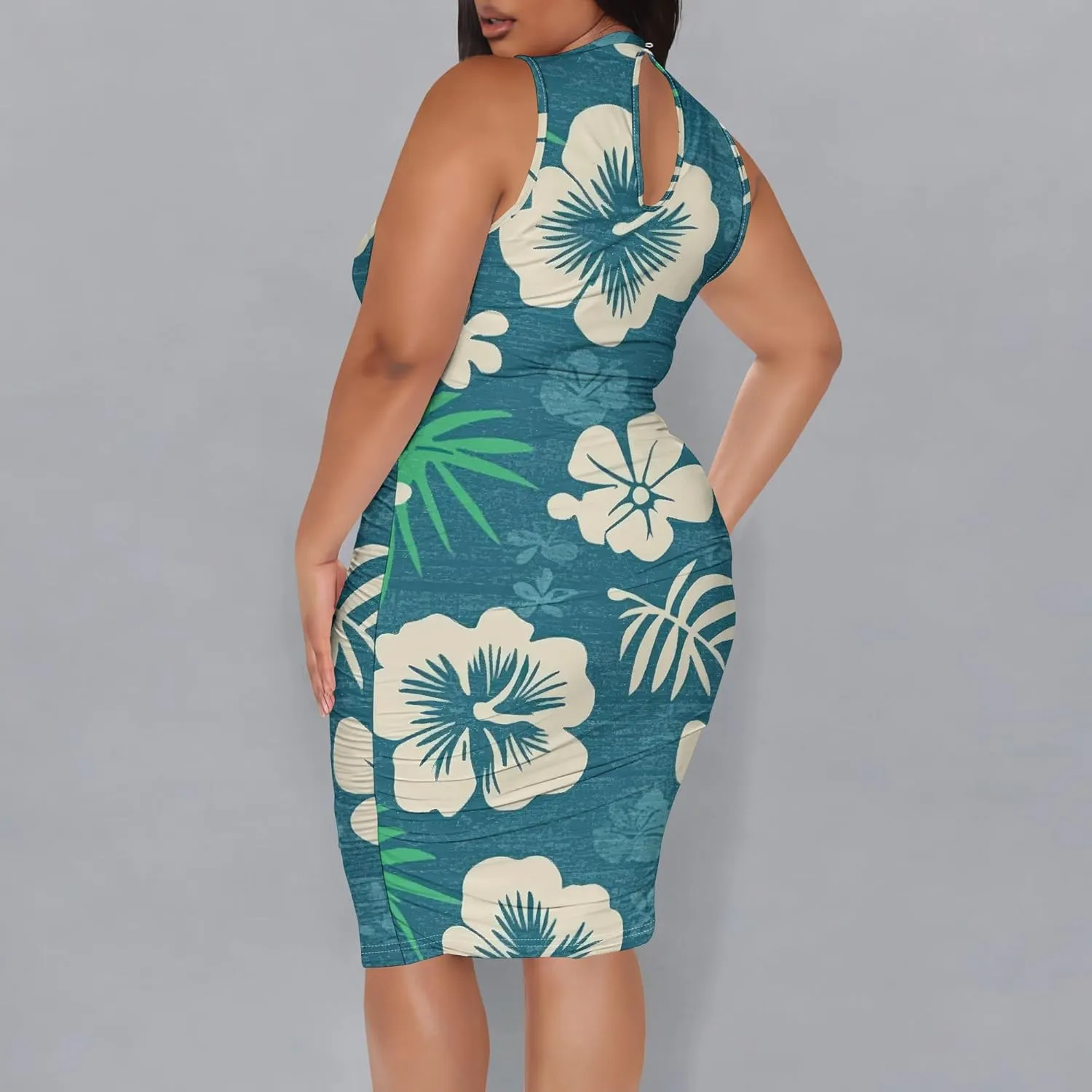 Women Sexy Bodycon Midi Dress Sleeveless High Neck Sundress Summer Floral Knee Length Dresses Wedding Guests Outfits