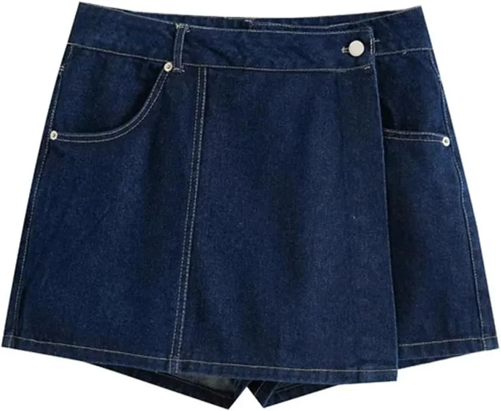 Women with Pockets Wrap Denim Shorts Skirts High Waist Zipper Fly Skort