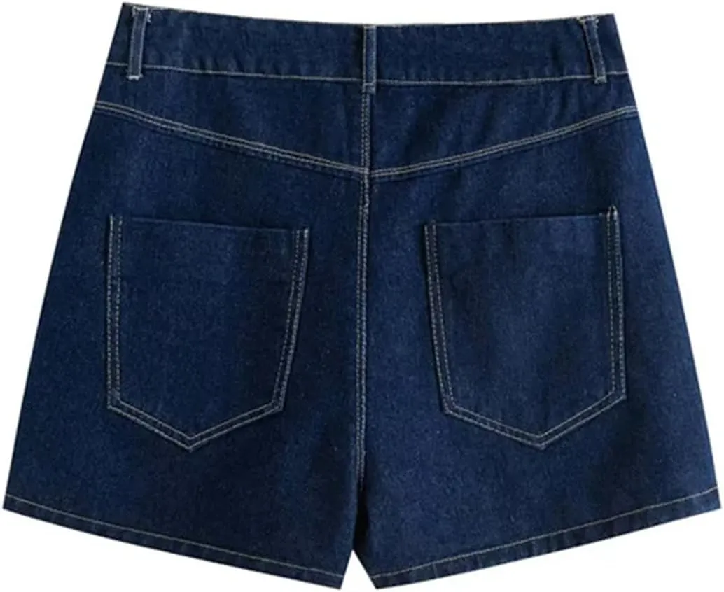 Women with Pockets Wrap Denim Shorts Skirts High Waist Zipper Fly Skort