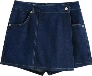 Women with Pockets Wrap Denim Shorts Skirts High Waist Zipper Fly Skort