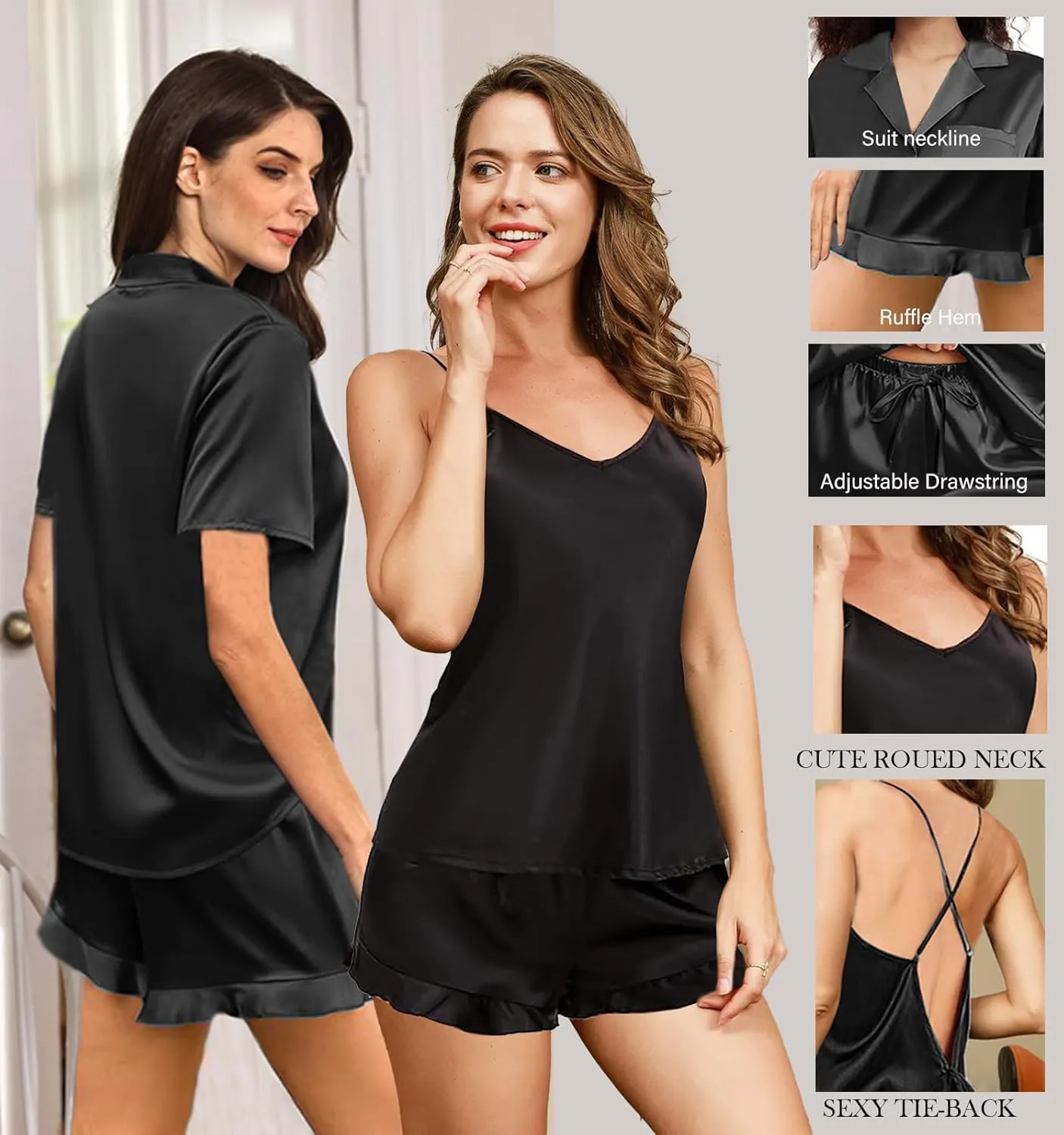 Womens 3Pcs Satin Pajamas Set Ruffle Silk Pajama Sets XS-4XL Sexy Camisole Silky Sleepwear Loungewear Pj Sets