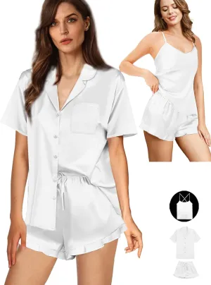 Womens 3Pcs Satin Pajamas Set Ruffle Silk Pajama Sets XS-4XL Sexy Camisole Silky Sleepwear Loungewear Pj Sets