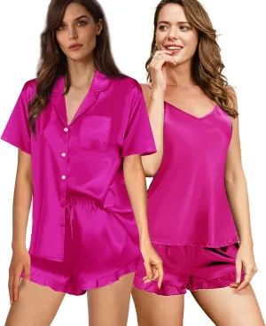 Womens 3Pcs Satin Pajamas Set Ruffle Silk Pajama Sets XS-4XL Sexy Camisole Silky Sleepwear Loungewear Pj Sets