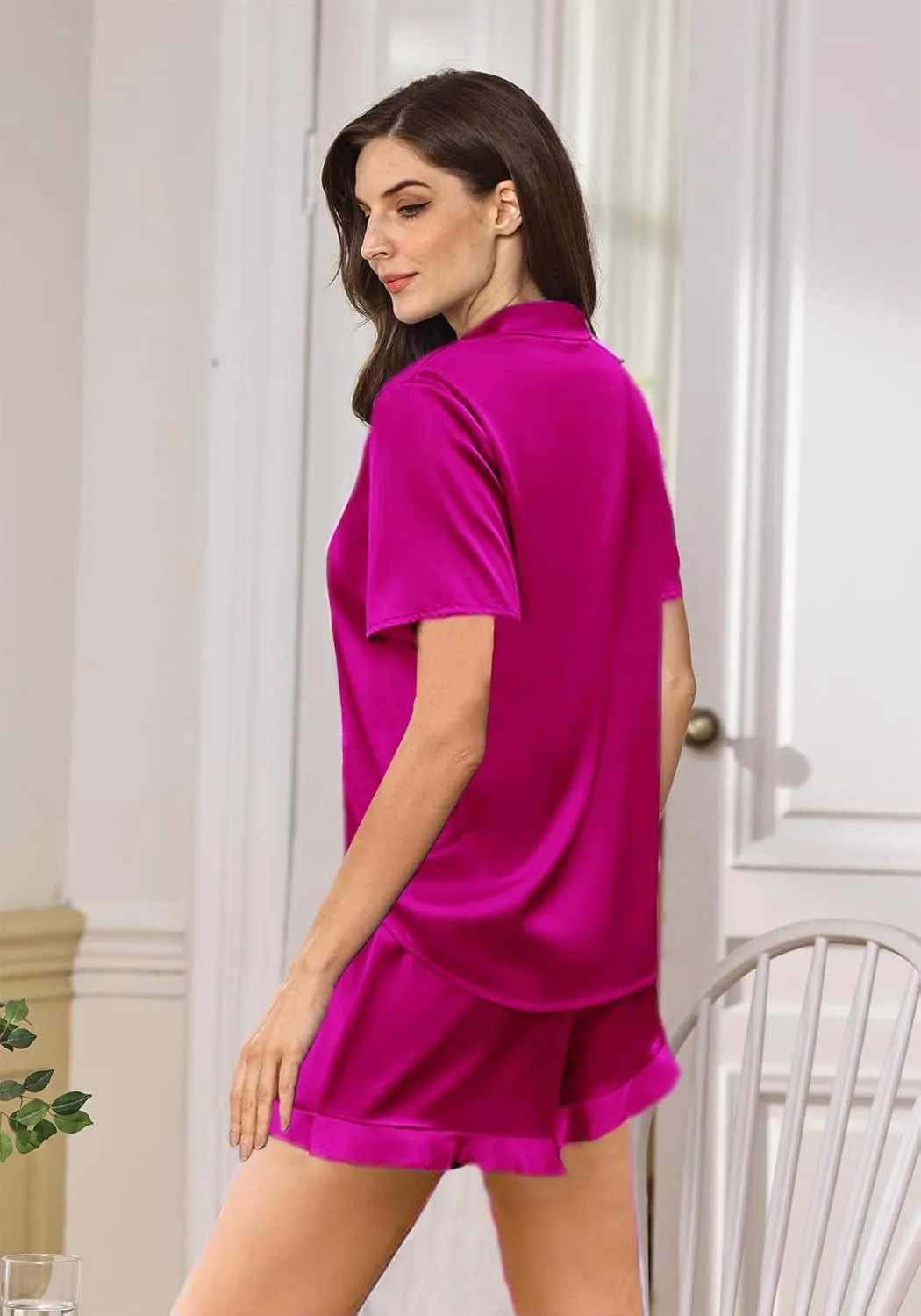 Womens 3Pcs Satin Pajamas Set Ruffle Silk Pajama Sets XS-4XL Sexy Camisole Silky Sleepwear Loungewear Pj Sets