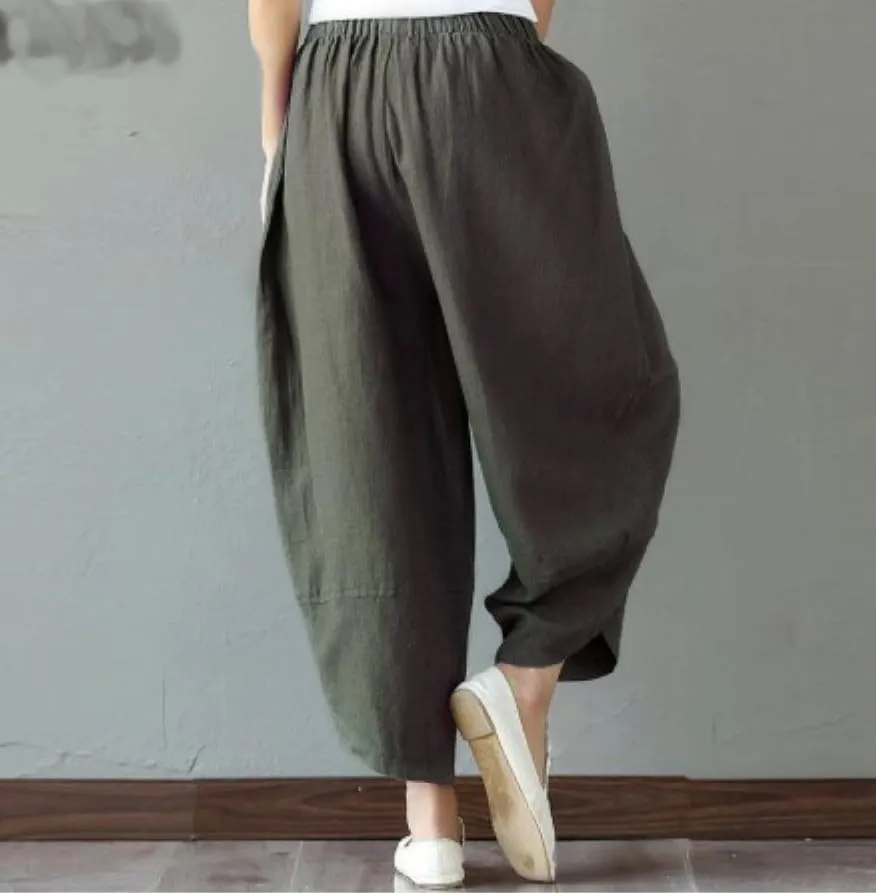 Women's Baggy Linen Wide Leg Trousers Casual Patchwark Harlan Pants Elastic Waist Harem Pants with Pocket S-5XL