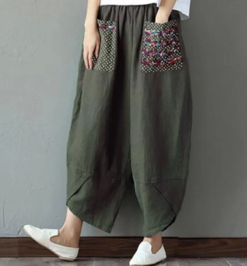 Women's Baggy Linen Wide Leg Trousers Casual Patchwark Harlan Pants Elastic Waist Harem Pants with Pocket S-5XL