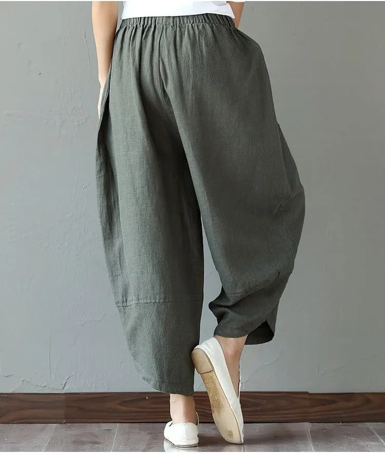 Women's Baggy Linen Wide Leg Trousers Casual Patchwark Harlan Pants Elastic Waist Harem Pants with Pocket S-5XL