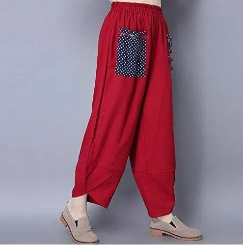 Women's Baggy Linen Wide Leg Trousers Casual Patchwark Harlan Pants Elastic Waist Harem Pants with Pocket S-5XL