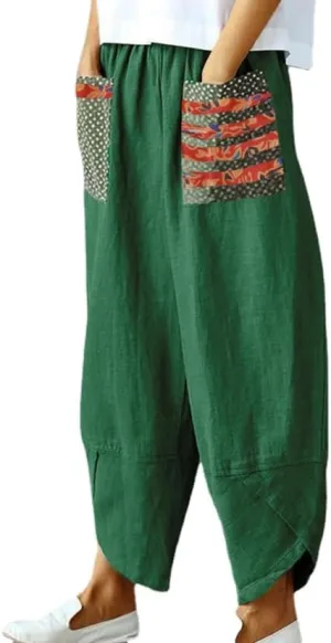 Women's Baggy Linen Wide Leg Trousers Casual Patchwark Harlan Pants Elastic Waist Harem Pants with Pocket S-5XL