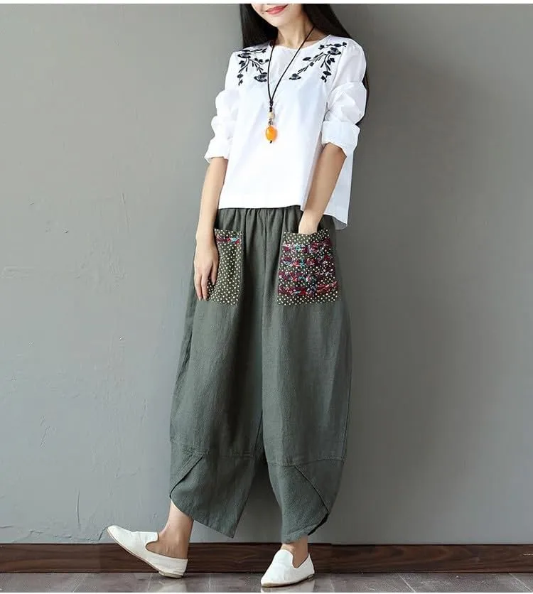 Women's Baggy Linen Wide Leg Trousers Casual Patchwark Harlan Pants Elastic Waist Harem Pants with Pocket S-5XL