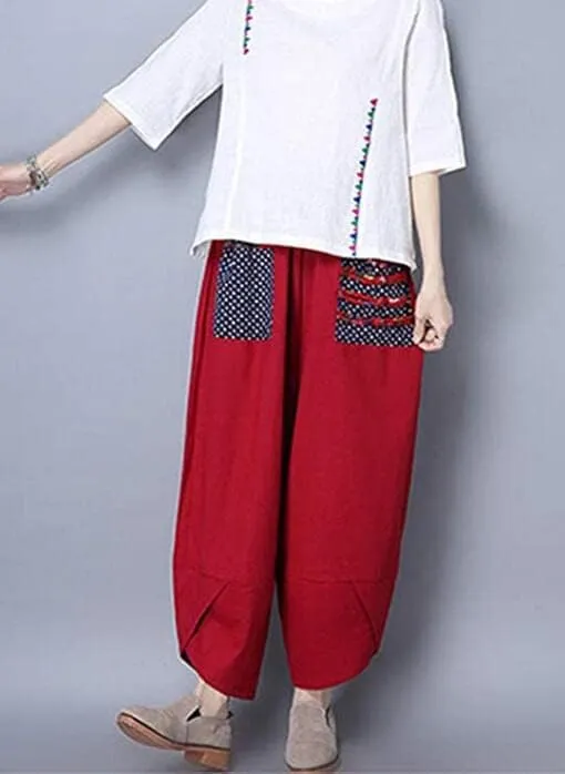 Women's Baggy Linen Wide Leg Trousers Casual Patchwark Harlan Pants Elastic Waist Harem Pants with Pocket S-5XL