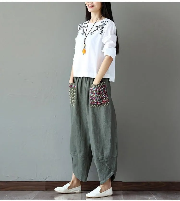 Women's Baggy Linen Wide Leg Trousers Casual Patchwark Harlan Pants Elastic Waist Harem Pants with Pocket S-5XL