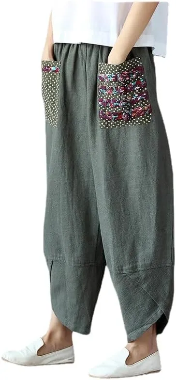 Women's Baggy Linen Wide Leg Trousers Casual Patchwark Harlan Pants Elastic Waist Harem Pants with Pocket S-5XL