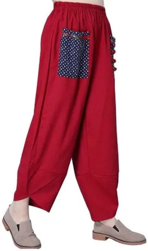 Women's Baggy Linen Wide Leg Trousers Casual Patchwark Harlan Pants Elastic Waist Harem Pants with Pocket S-5XL