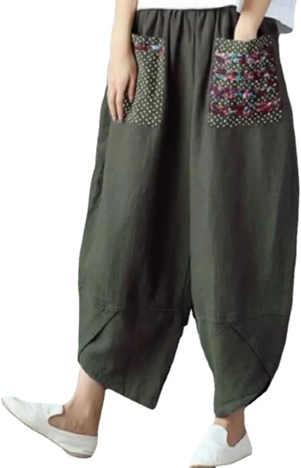 Women's Baggy Linen Wide Leg Trousers Casual Patchwark Harlan Pants Elastic Waist Harem Pants with Pocket S-5XL