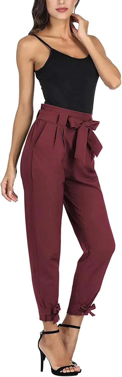 Womens Business Casual Pants High Waist Pencil Pants Bow-Knot Drawstring Office Work Ankle Trousers with Pockets