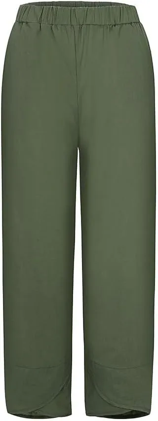 Womens Capri Linen Pants Casual Summer Baggy Wide Leg Beach Pants Elastic High Waist Palazzo Lounge Cropped Trousers