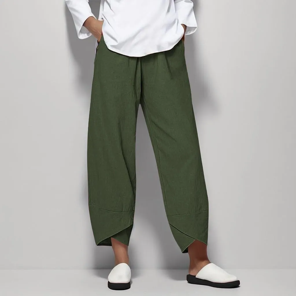 Womens Capri Linen Pants Casual Summer Baggy Wide Leg Beach Pants Elastic High Waist Palazzo Lounge Cropped Trousers