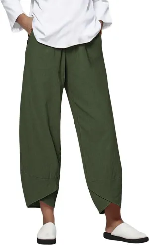 Womens Capri Linen Pants Casual Summer Baggy Wide Leg Beach Pants Elastic High Waist Palazzo Lounge Cropped Trousers