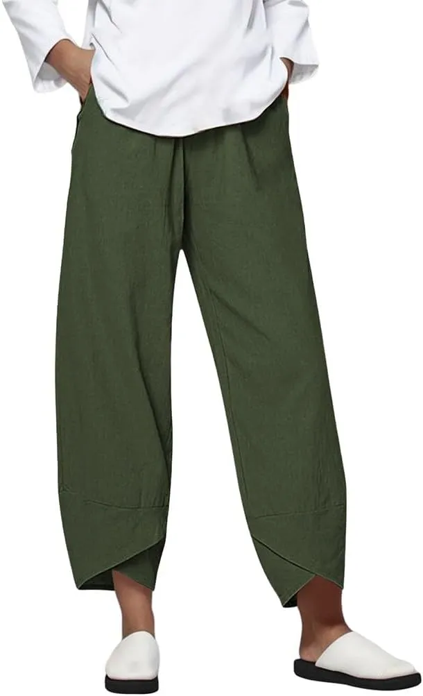 Womens Capri Linen Pants Casual Summer Baggy Wide Leg Beach Pants Elastic High Waist Palazzo Lounge Cropped Trousers
