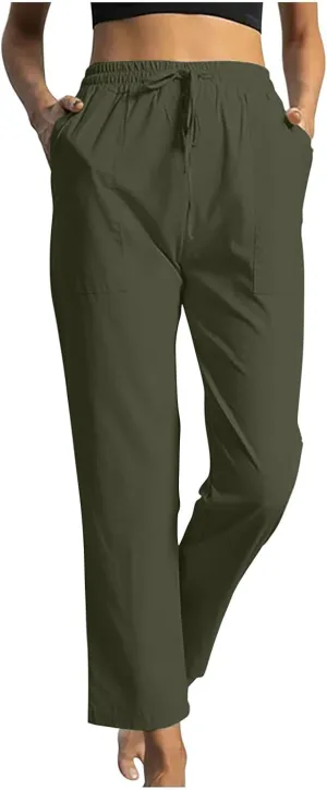 Womens Casual Cotton Pants Straight Leg Business Causal Slacks High Waist Drawstring Loose Fit Summer Beach Trousers