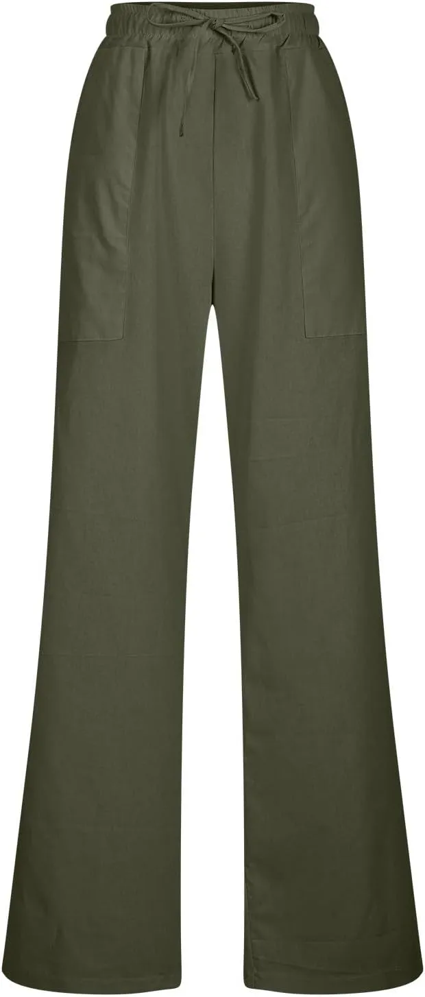 Womens Casual Cotton Pants Straight Leg Business Causal Slacks High Waist Drawstring Loose Fit Summer Beach Trousers
