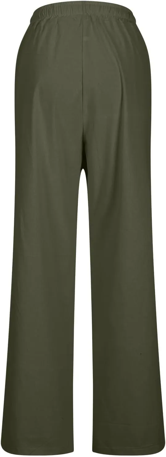 Womens Casual Cotton Pants Straight Leg Business Causal Slacks High Waist Drawstring Loose Fit Summer Beach Trousers