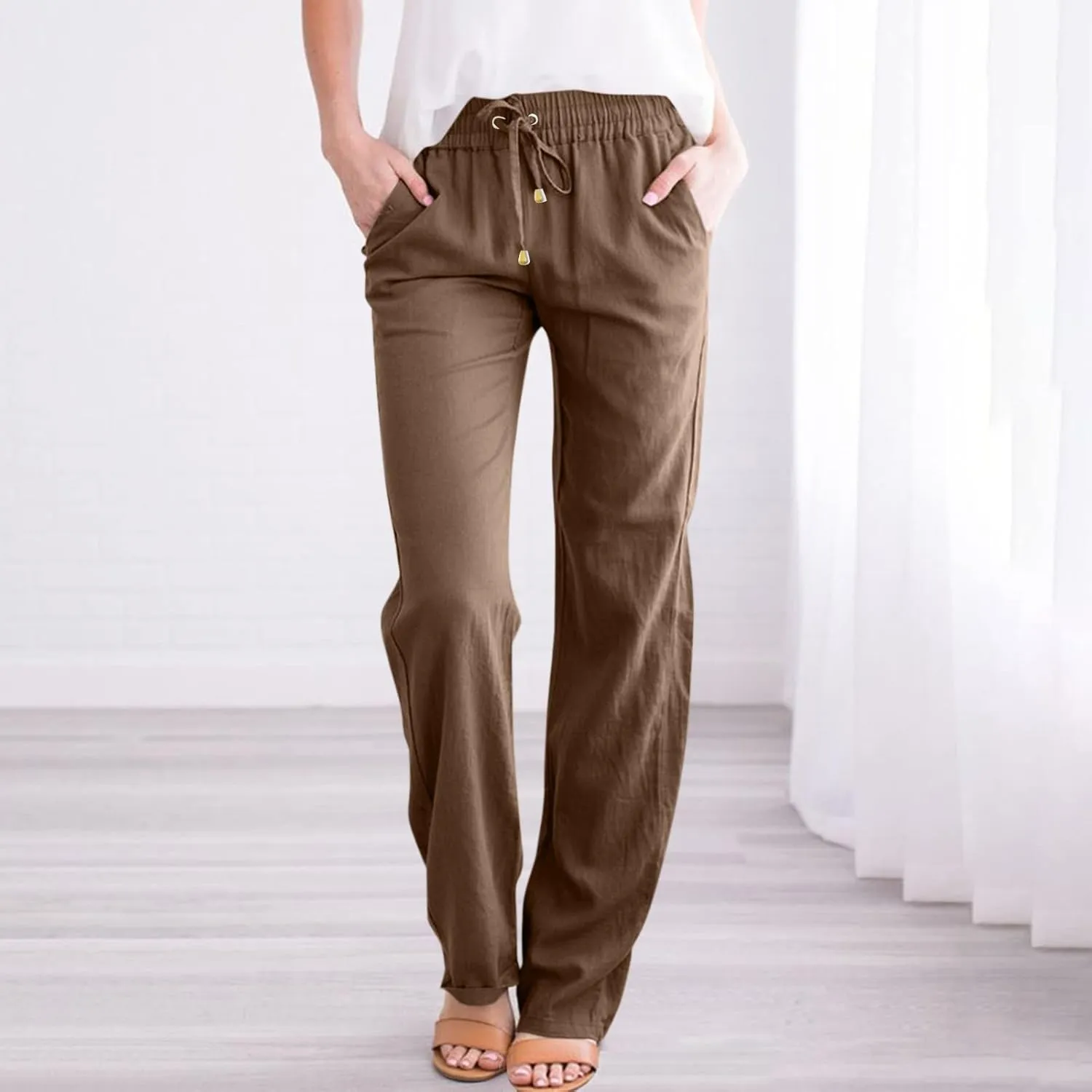 Womens Casual Linen Pants 2025 High Waist Drawstring Loose Fit Solid Summer Pants Trousers with Side Pockets