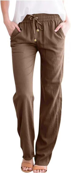 Womens Casual Linen Pants 2025 High Waist Drawstring Loose Fit Solid Summer Pants Trousers with Side Pockets