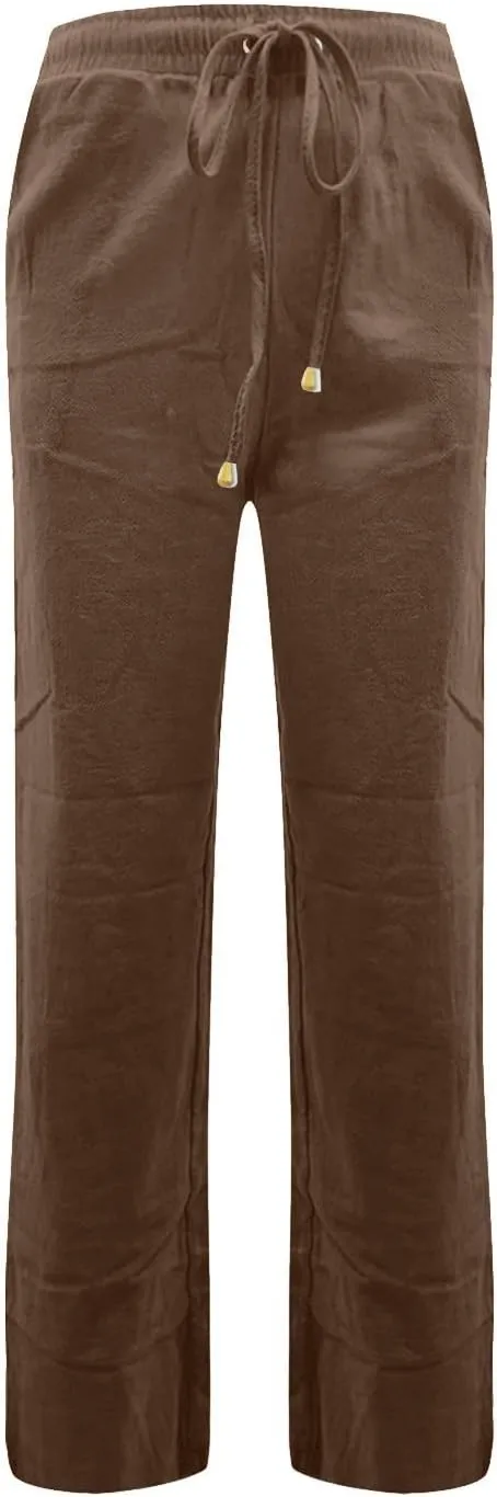 Womens Casual Linen Pants 2025 High Waist Drawstring Loose Fit Solid Summer Pants Trousers with Side Pockets