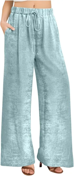 Womens Casual Velvet Palazzo Pants Summer Trendy Wide Leg Pants Elastic High Waist Drawstring Trousers with Pockets