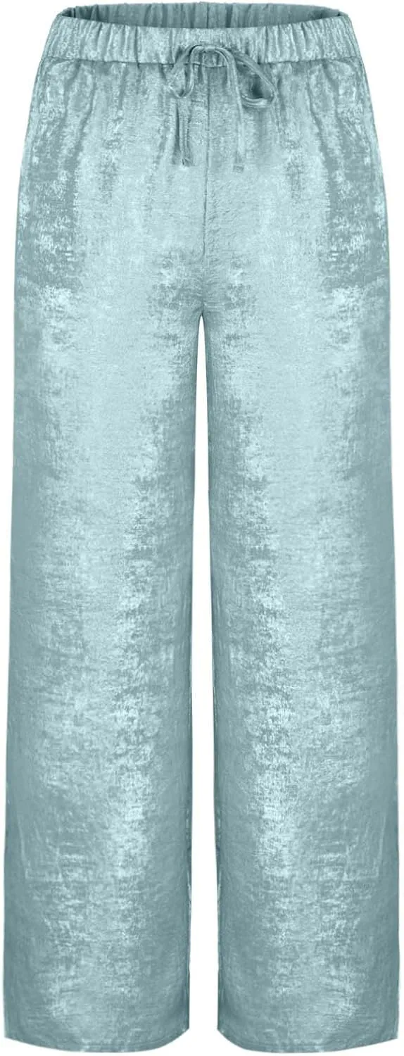 Womens Casual Velvet Palazzo Pants Summer Trendy Wide Leg Pants Elastic High Waist Drawstring Trousers with Pockets